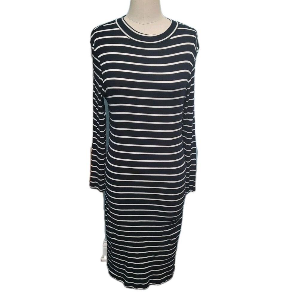 H&M Divided Bodycon Dress Womens L Black White Striped LS Maxi Ribbed Knit Dress